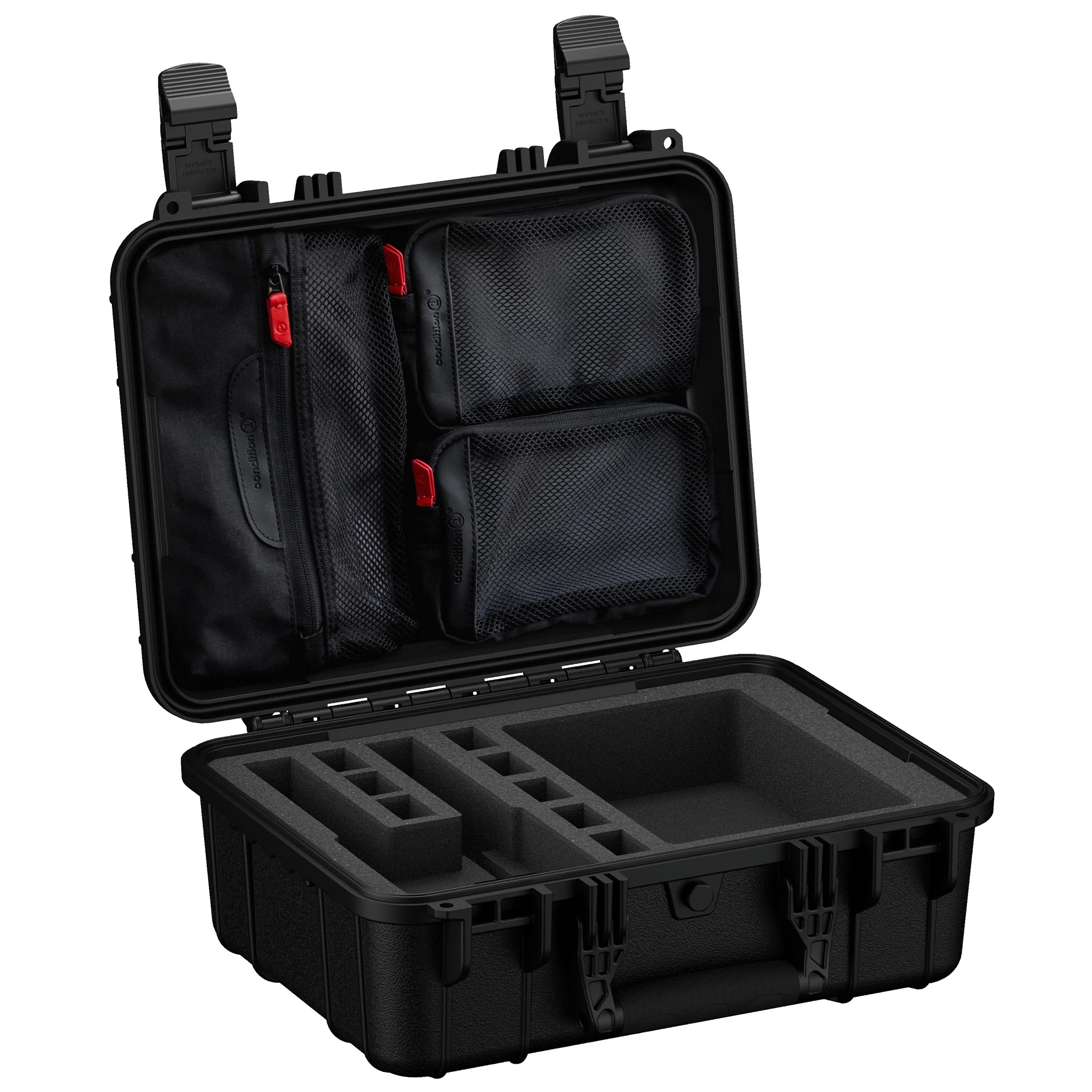 Durable 16-inch hard case designed for two pistols, featuring customizable foam and organized storage compartments.