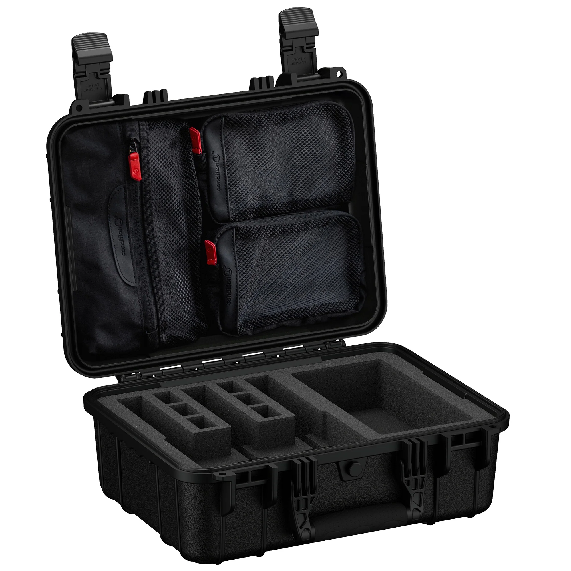 Durable 16-inch hard case designed for securely storing three pistols with customizable foam inserts and accessory pockets.