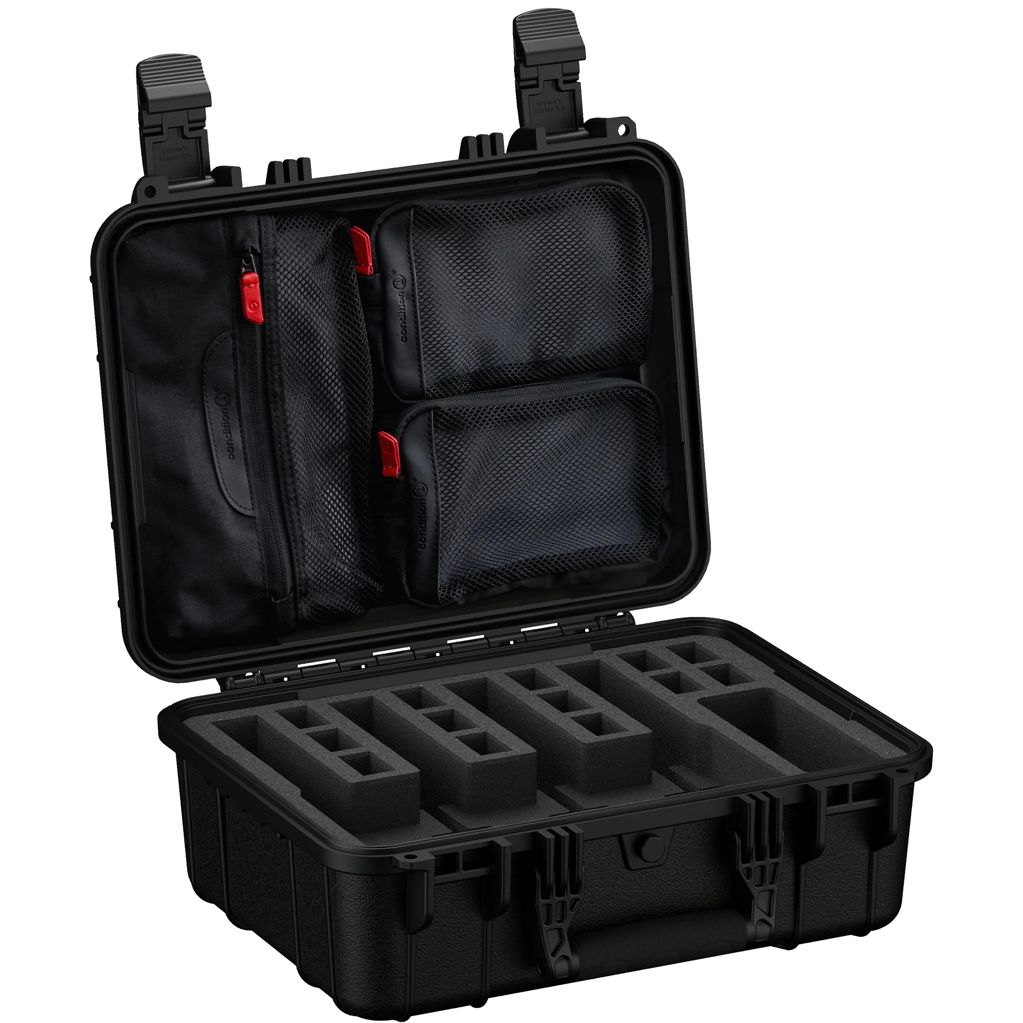 Durable 16-inch hard case designed for securely storing up to four pistols with customizable foam inserts and accessory pockets.