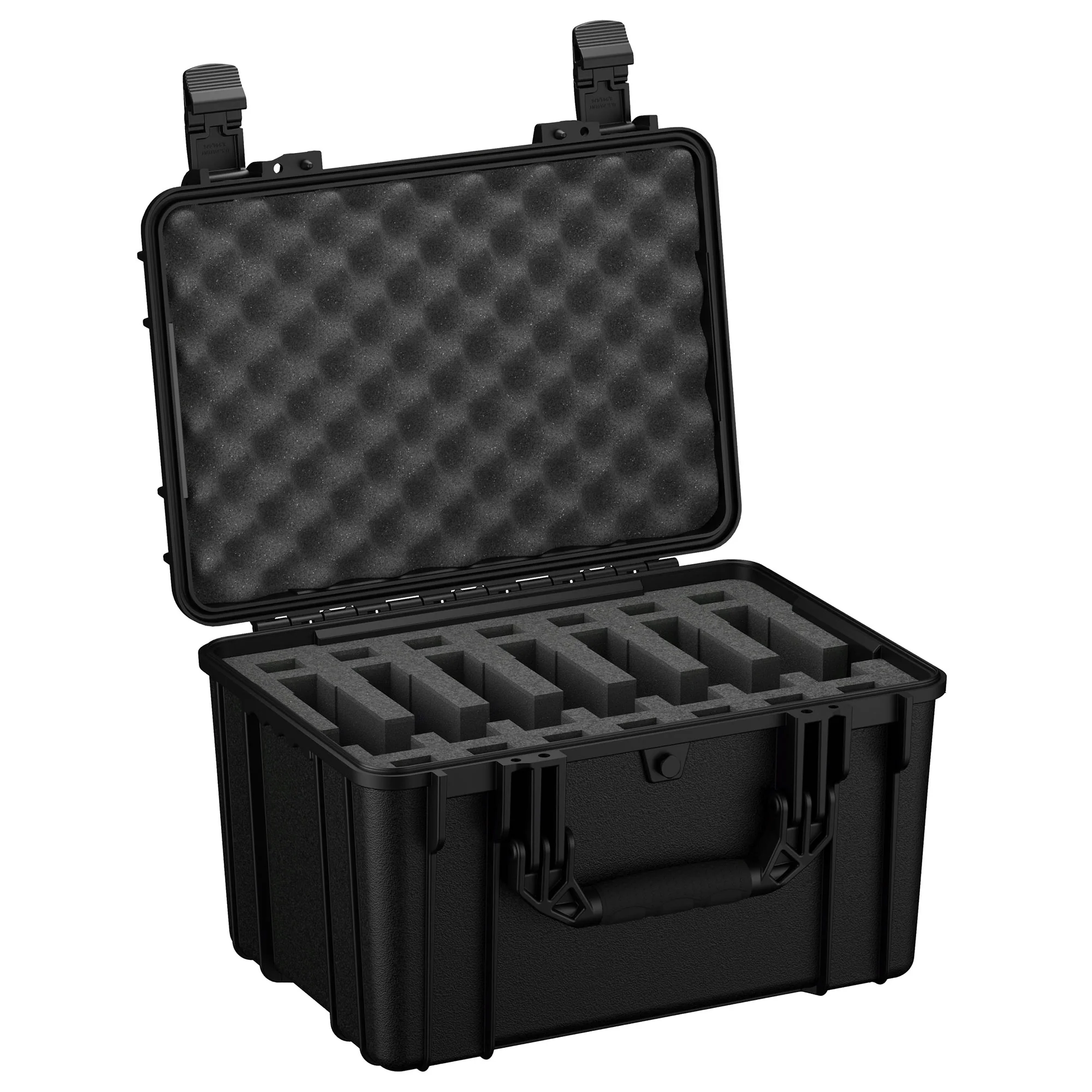 Alt Text: "Black 18-inch 7 Pistol Hard Case Model #997 opened to show its customisable foam interior with slots for pistols and upper lid with egg-crate foam padding, featuring secure locking mechanisms."