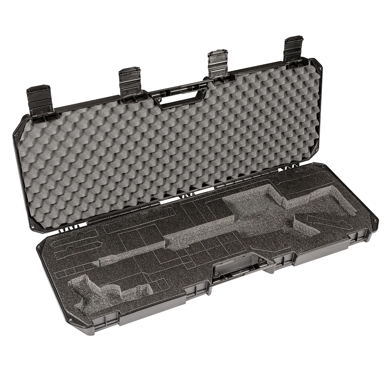 Open black 42" Economy AR Case with foam padding and custom compartments for secure firearm storage.