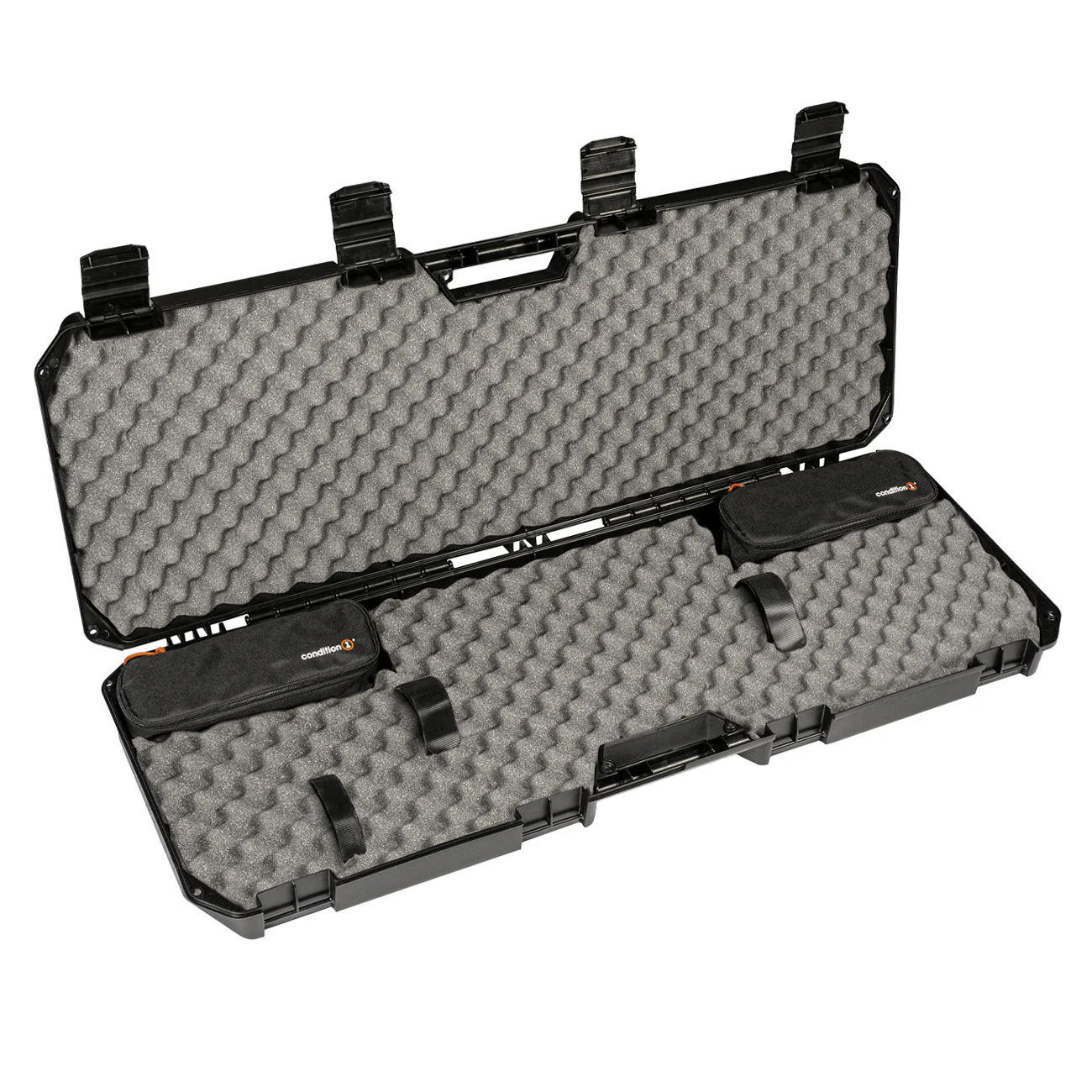 Open black 42" Economy AR Case with foam padding, straps, and storage pouches inside.