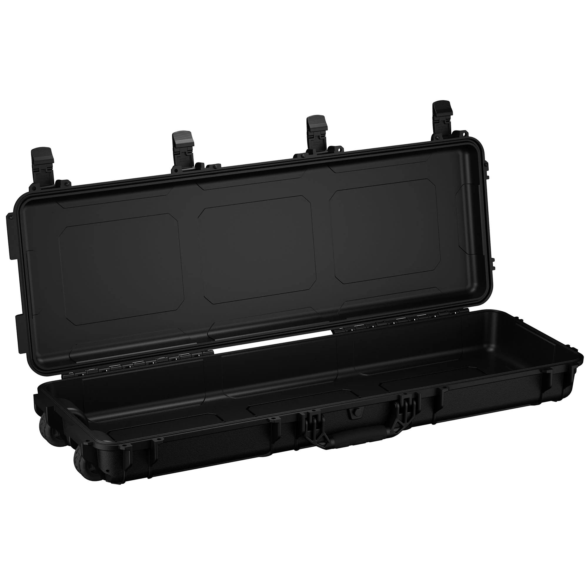 Black 45-inch long protective hard case with latches, handle, and wheels, designed for secure storage and transport.