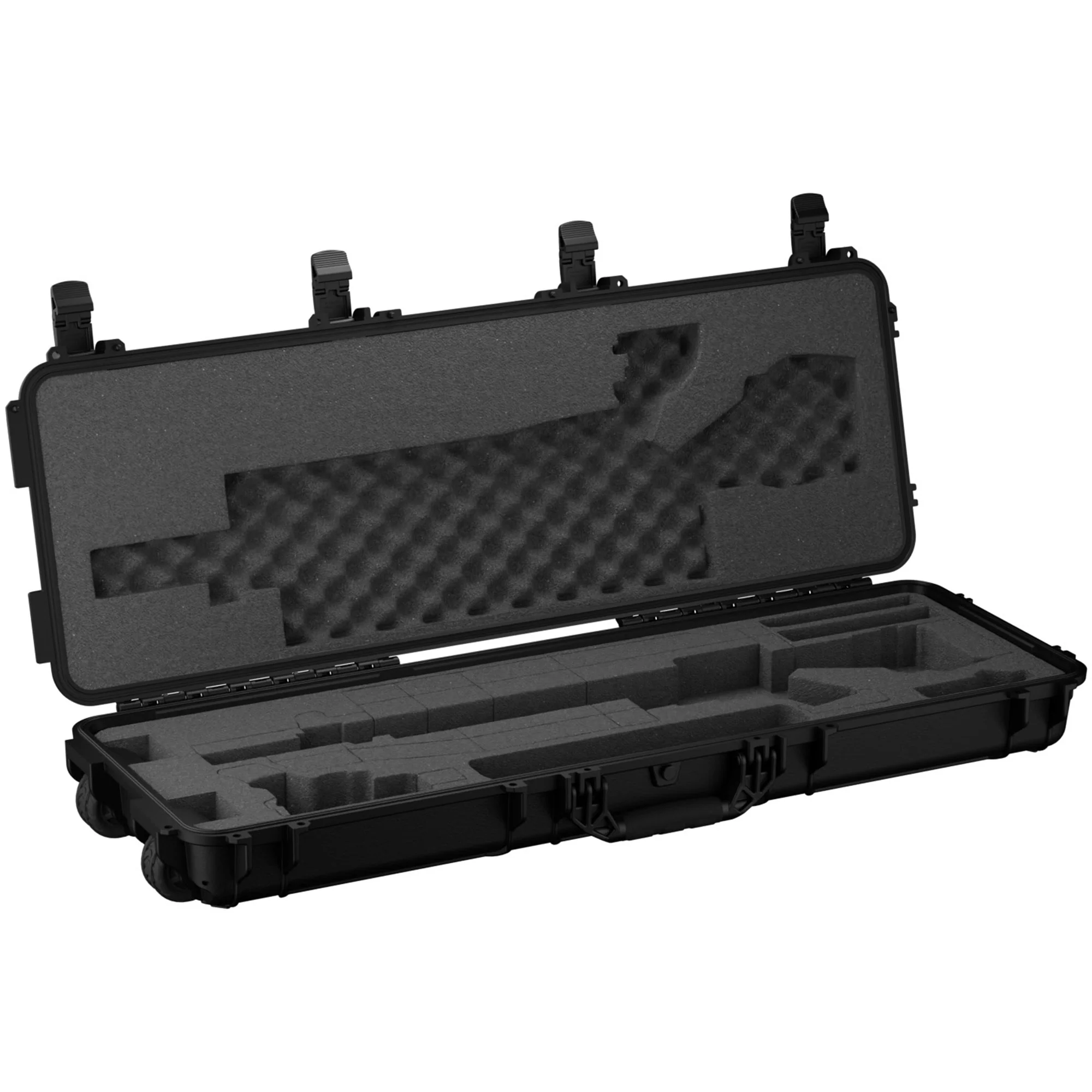 Open black 45" AR10 case with foam interior and compartments for firearm storage, lid with egg crate foam padding.