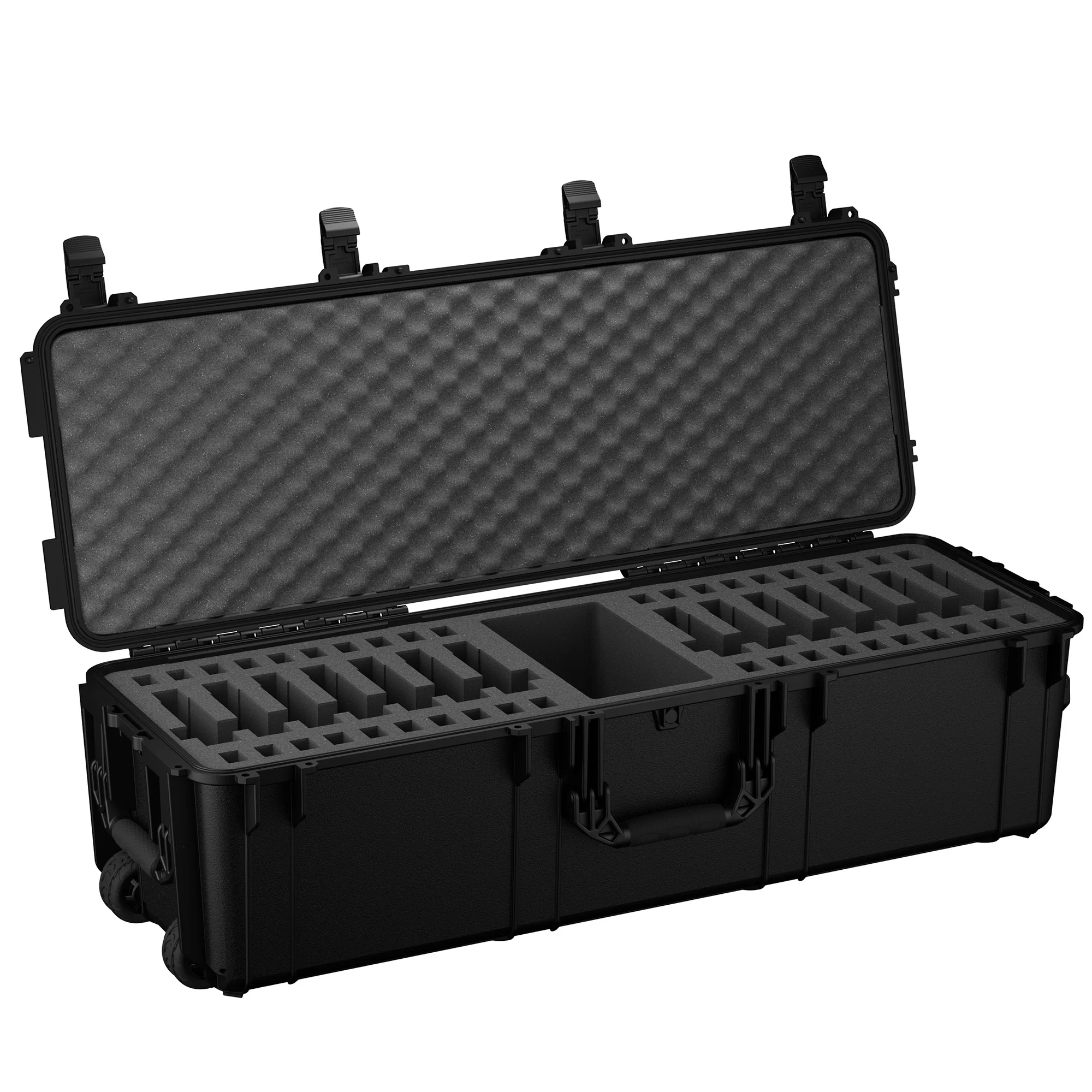 Black 45-inch pistol storage trunk with foam interior and multiple compartments, designed for secure firearm organization.