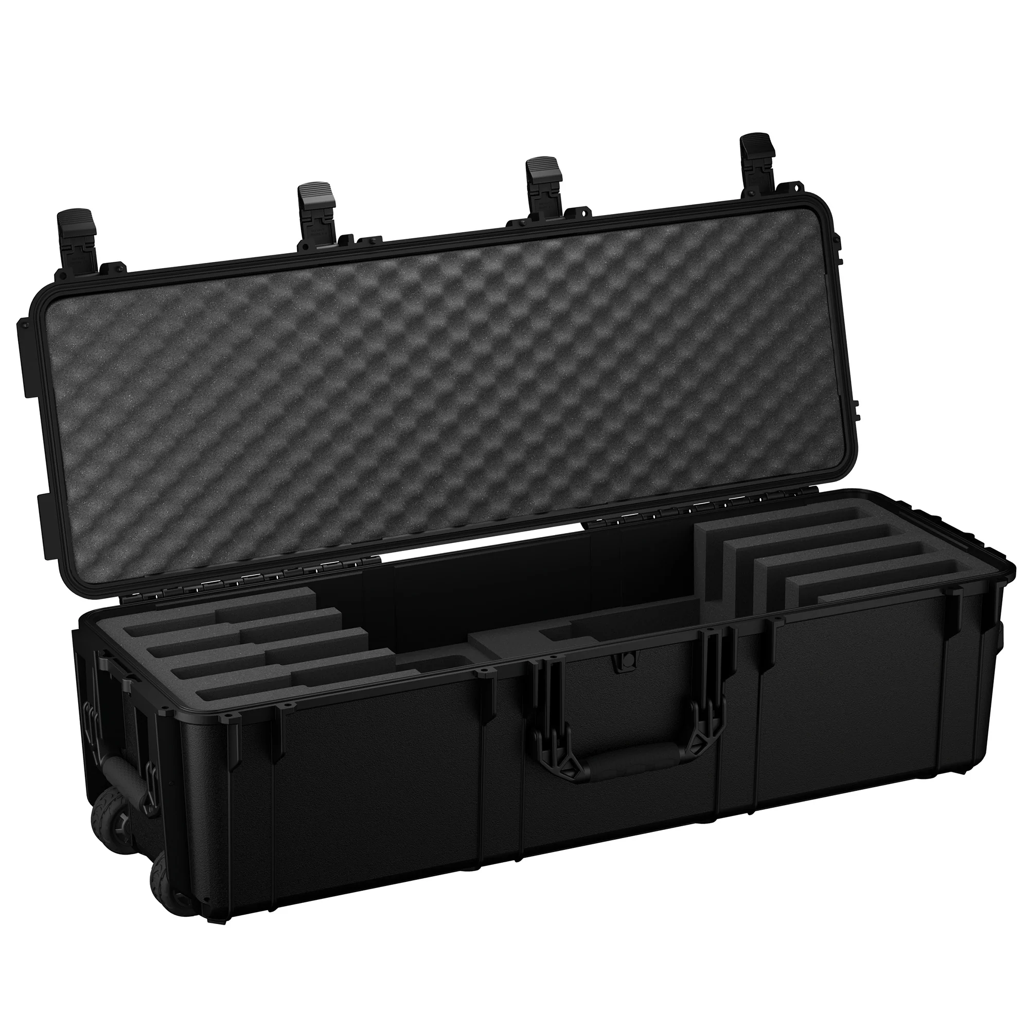 Durable 45-inch rifle trunk with customizable foam interior, designed for secure transport and storage of firearms.