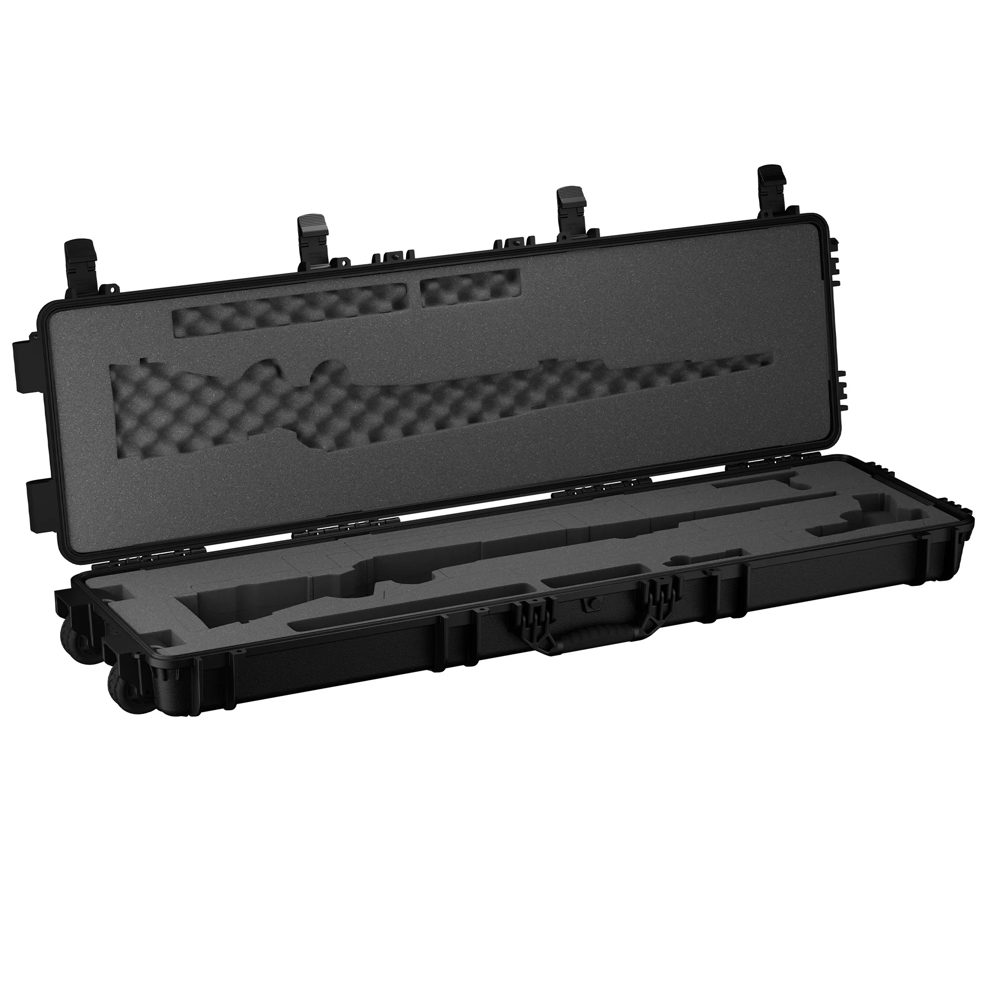 Black 55-inch gun case with foam padding and secure latches, designed for storing and transporting two rifles safely.