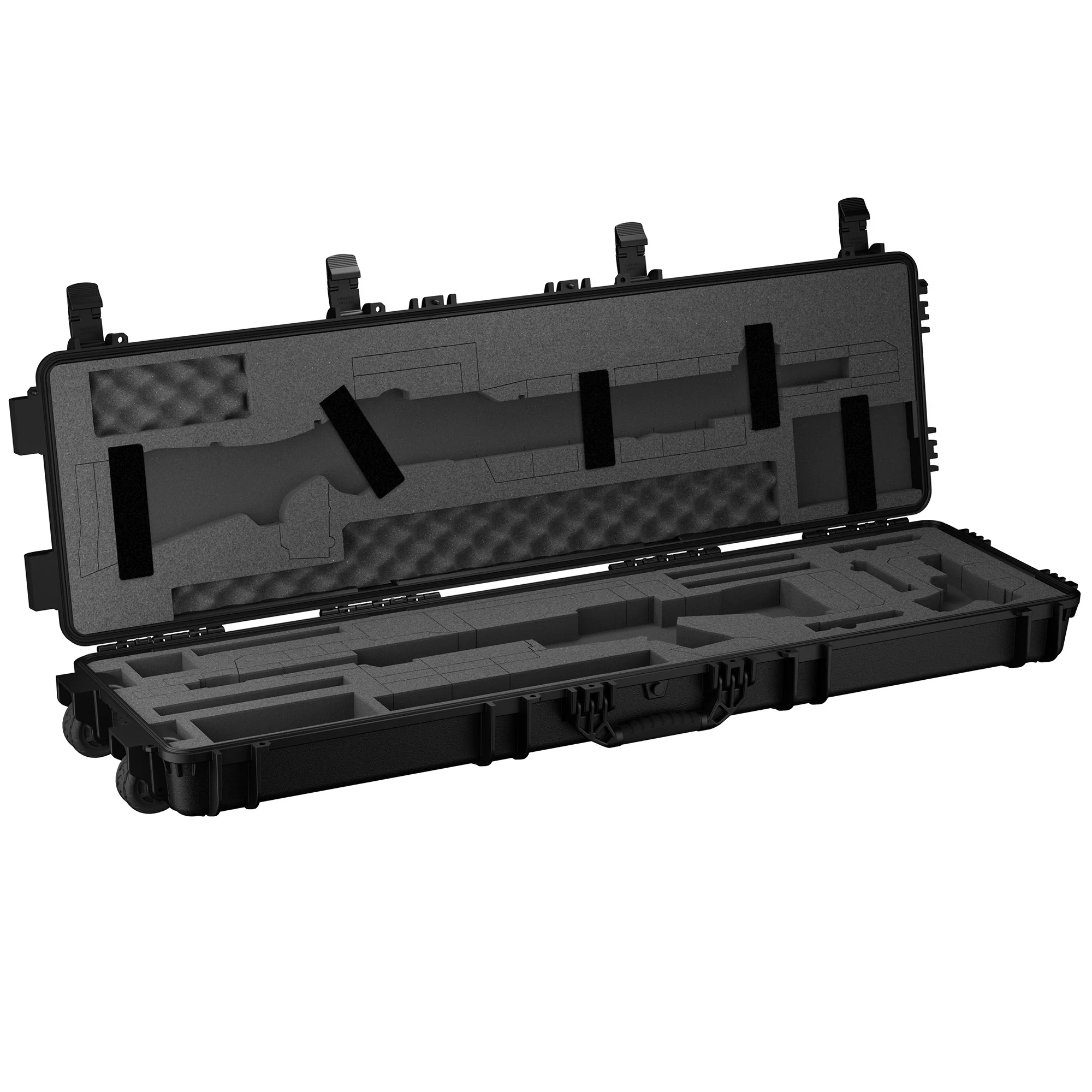 Black 55-inch gun case with foam padding and compartments for three rifles, designed for secure storage and transport.