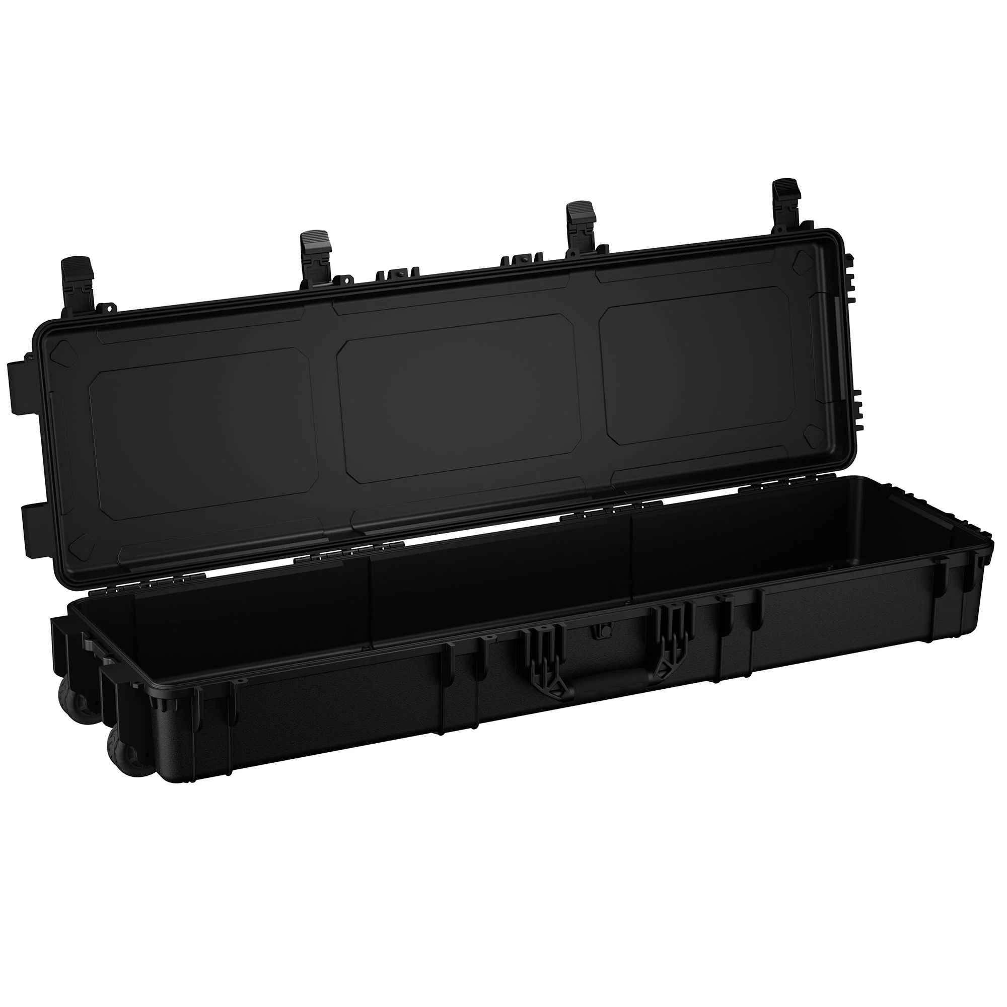 Open black 55-inch long protective case with wheels and latches, designed for secure storage and transport of equipment.
