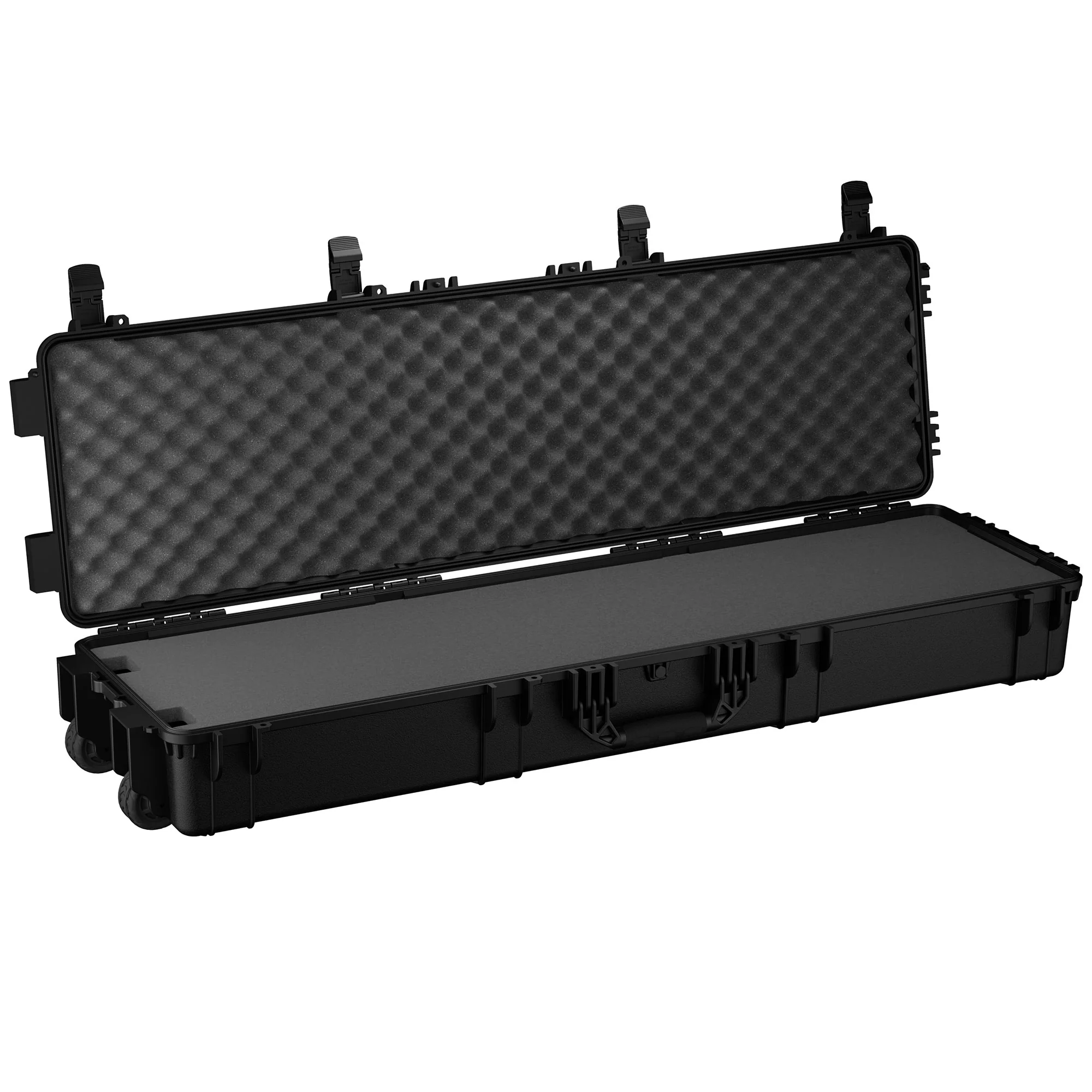 Open black 55-inch long protective case with foam padding and secure latches, designed for safe transport of large items.