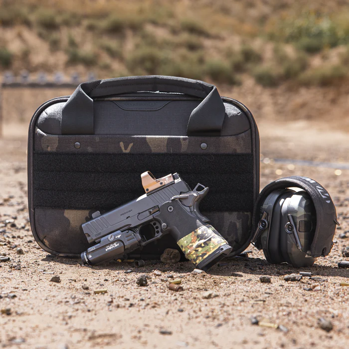 Kinetic 2 Pistol Bag interior layout with pistols and magazine pockets.