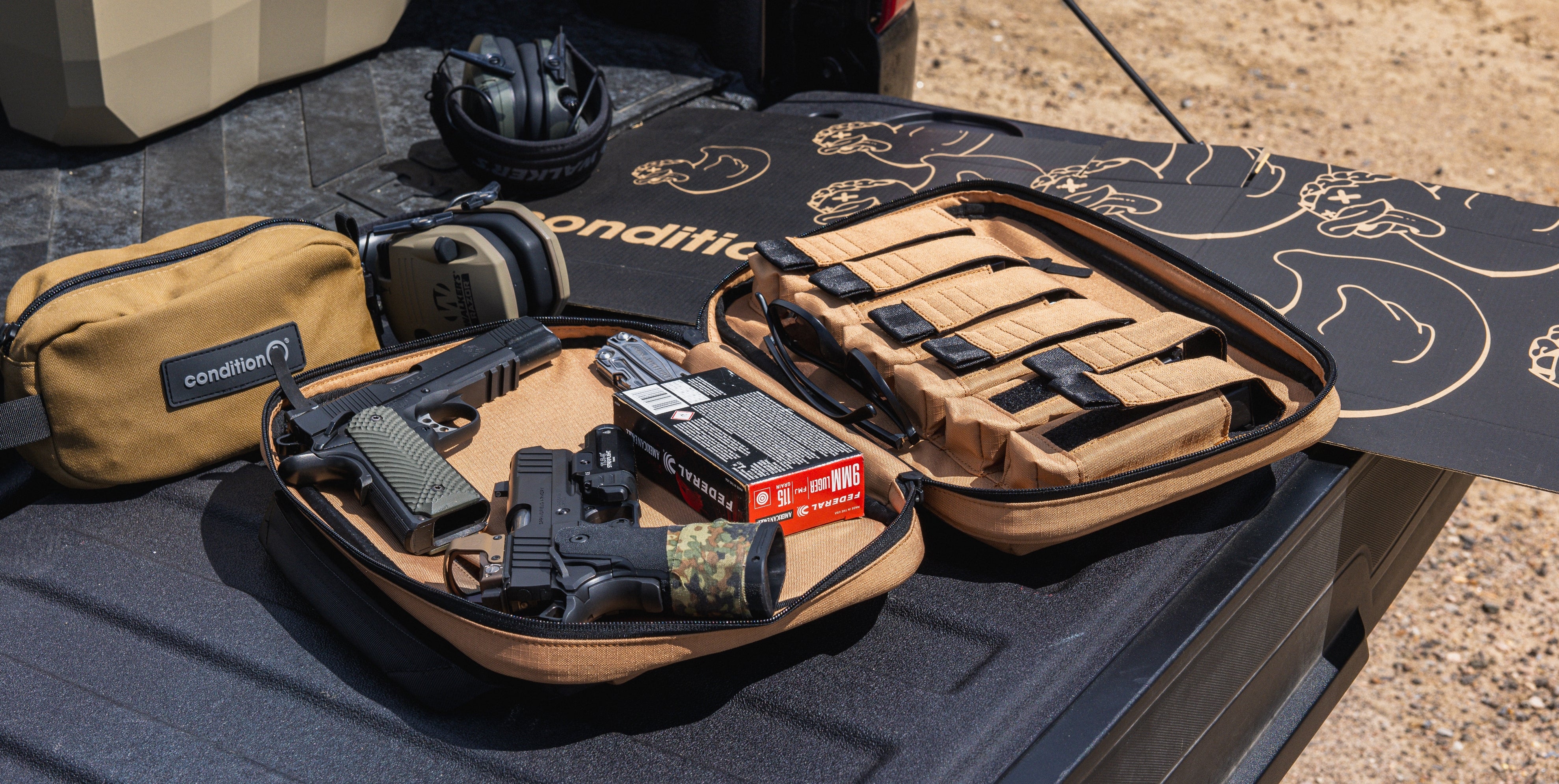 Kinetic 2 Pistol Bag wide view with firearms staged in the bag.