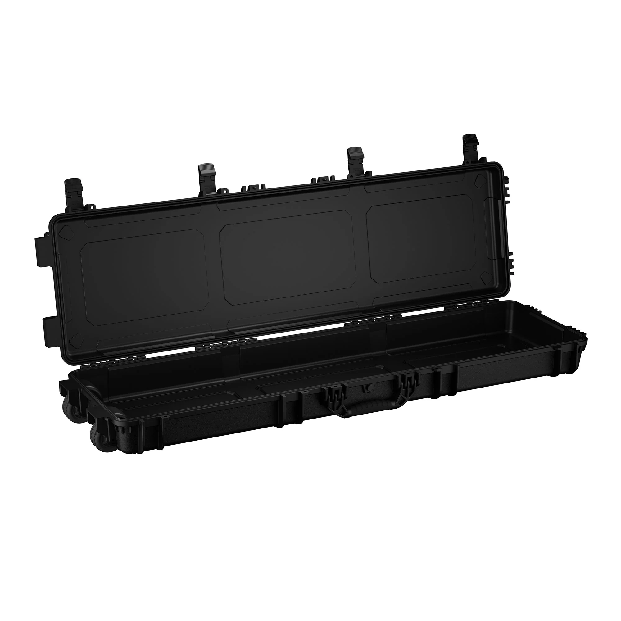 Black 55-inch long protective case with a hinged lid, secure latches, and wheels for easy transport.