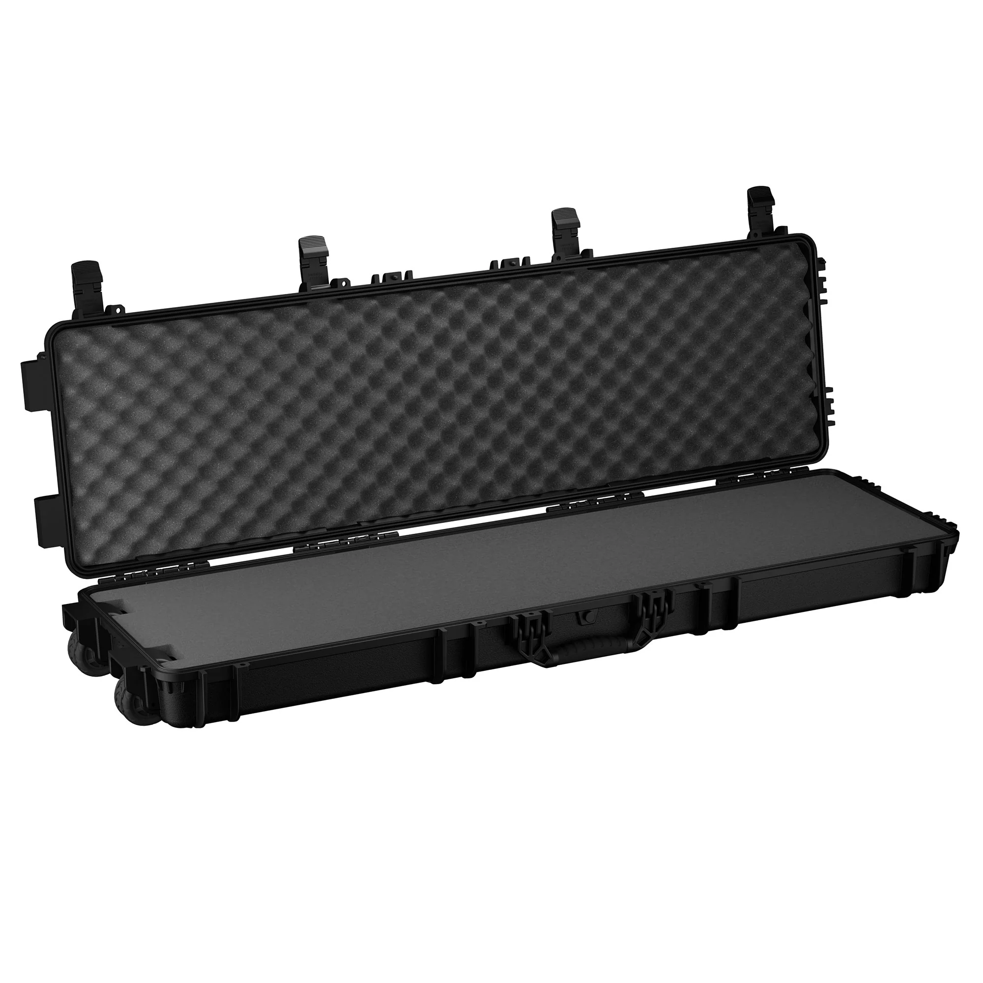 Open black 55-inch long protective case with foam padding and foam-lined lid, designed for secure storage and transport.
